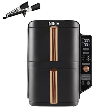 Ninja Double Stack XL Heißluftfritteuse, 2 vertikale Schubladen, 4 Kochstufen, 2 Einschübe, platzsparendes Design, 9,5 L Fassungsvermögen, 6 Funktionen, 8 Portionen, Zange, Schwarz/Kupfer SL400EUCP