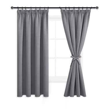 DWCN Gardinen Blickdicht Vorhänge mit Kräuselband Verdunklungsvorhänge mit Vorhang-Krawatten, Gardinen Kurze Vorhänge Küche Schlafzimmer Thermogardine Kälteschutz,137x117cm(HöhexBreite), Grau, 2er Set