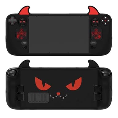 PlayVital Cute Demon Case Cover für Steam Deck LCD & OLED, Kawaii Anti-Rutsch Silikon Schutzhülle Zubehör für Steam Deck OLED mit Daumengriffkappen,Aufklebern & Rücktasten-Schwarz