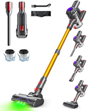 VACTechPro Akku Staubsauger kabellos,35KPa Kabelloser Staubsauger mit abnehmbarem Akku,bis zu 35min Laufzeit,6 in 1 Akkustaubsauger Tierhaare für Hartholzböden Teppich&Gold