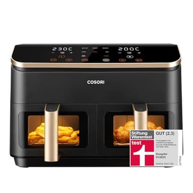 Cosori Airfryer | 8,5L Heißluftfritteuse 2 Kammern | Heissluftfritteuse mit Sichtfenster | NTC-Tech für präzise Temperaturkontrolle | 6-in-1 | energiesparend | Gold | R903