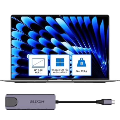 GEEKOM GeekBook X14 Pro Laptop, 999 g Ultraleicht, 14" 2.8K OLED, Ultra 9-185H, 32GB LPDDR5x RAM 7500MT/s, 1TB SSD, 2X USB4, Fingerprint & Webcam-Schieber, bis zu 16 h Akku, Copilot+, Windows 11 Pro