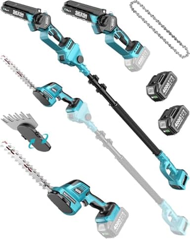 SEESII 6-in-1 Mini Kettensäge & Akku Heckenschere Set, Hochentaster mit 2 * 4000mAh Akkus, Maximale Reichweite bis zu 4,57m, Geeignet für Gartenpflege und zum Holzfällen