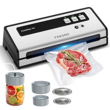 FRESKO Automatische Vakuumiergerät, 140W Vakuumierer mit Doppelte Heißsiegelung, Trocken-/Feuchtmodus, Einhand-Bedienung,mit 10 Vorgeschnittenen Beuteln und 4 Einmachglasdeckel-Set (Automax V4)