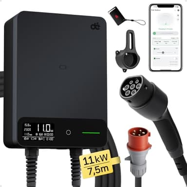 dé Wallbox 11kW mit APP, 7,5m Typ 2 Ladekabel mit Kabelhalter, 3-Phasen EV-Ladegerät (6-16A, 400V), für BEV/PHEV, RCD Typ-B & IP54-Schutz, effiziente Ladestation für Zuhause, Schwarz