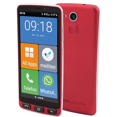 Olympia Neo 16 GB Smartphone für Senioren | Extragroße Darstellung | Hörgerätekompatibel | Notruftaste | Senioren Smartphone 5,5“ Display | Whatsapp & Mediteo vorinstalliert | 8MP Kamera | Rot