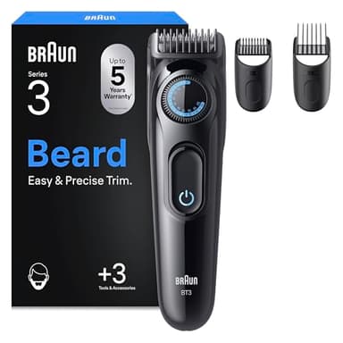 Braun Barttrimmer Series 3, Elektrischer Bartschneider Herren mit 3 Zubehörteile, Ultrascharfe Klinge, 50 Min Akkulaufzeit, Kabelloser Bartrasierer, 40 Längen, BT3520, Schwarz