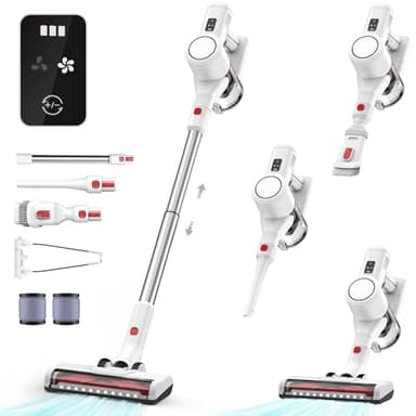 Syntecno Akku Staubsauger Kabellos Vacuum Cleaner - 3-In-1 Akkustaubsauger Kabelloser Weiß Akkusauger Cordless mit Licht Stabstaubsauger ohne Kabel mit Display für Tierhaare Teppiche Hartböden Auto