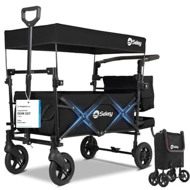 Sekey Bollerwagen Faltbar mit Dach 2 Kinder 100KG, Faltbarer Bollerwagen Handwagen Schiebegriff, Kinderwagen Stoßfest PU Räder mit Bremsen 110L, SS5050, Schwarz