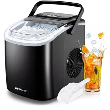 WELLENT Eiswürfelmaschine Klein – Ice Maker mit Selbstreinigung & 2 Größen, 8 Würfel in 6 Min (12kg/24h) – Tragbarer Tisch-Ice Maker für Küche, Büro, RV, Bar & Camping