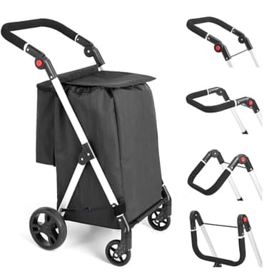 LEUYA ABC Einkaufstrolley, 46L Trolly Einkaufswagen Klappbar, 4 Rädern Aluminium Leichtgewicht Einkaufstrolley, mit Isolierter Kühltasche, Stabil und Leicht zu Verstauen Einkaufswagen (Schwarz)