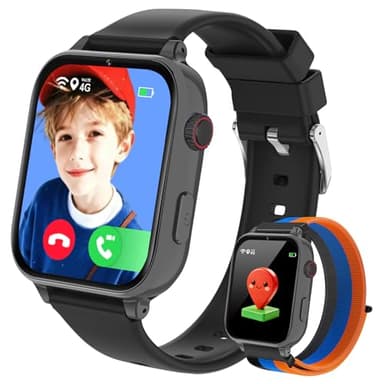 Smartwatch Kinder GPS, 4G Smart Watch Kid mit Videoanruf Voice Chat Spiele Schulmodus Wecker Schrittzähler Taschenrechner, 2x Armbänder Kinderuhr für Mädchen Jungen 4-12 Jahren Geschenk, Schwarz Blau