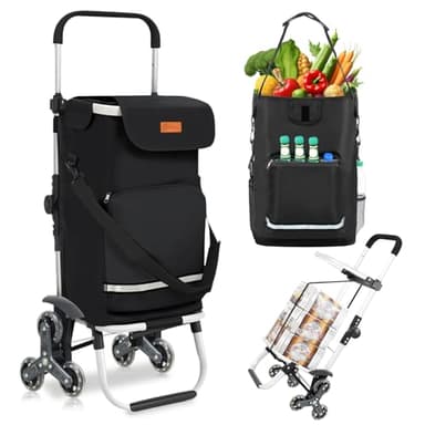 Sekey XXL Einkaufstrolley Treppensteiger mit 3 Rädern, Einkaufswagen für Camping und Einkäufe mit Höhenverstellbarem Griff, Aluminium 3-in-1 Trolley, Inklusive Kühlfach und Getränkefach, Schwarz