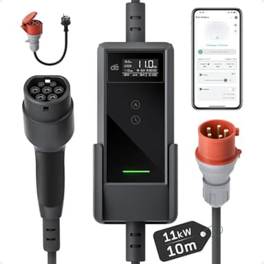 dé Mobile Wallbox 11kW mit APP [10m | 3-phasig | 6–16 A], Ladekabel e Auto CEE-16A 400V auf Typ 2 mit Einstellbarer Ladeleistung, EV-Charger für ID.3/4/5/7, IX1, Model 3/Y und andere BEV/PHEV