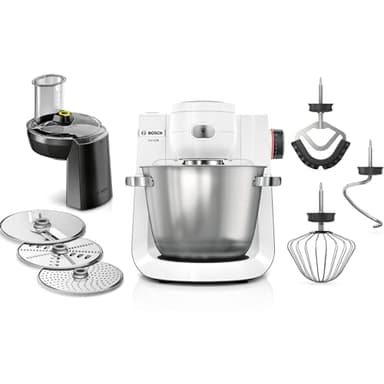 Bosch Küchenmaschine Serie 6, 7 Geschwindigkeitsstufen, 5,5l Schüssel, Durchlaufschnitzler, 3 Scheiben, Knethaken, Rührbesen, Silikonbesen, spülmaschinenfest, 1.600 W, silber/weiß, MUMS6EW13D
