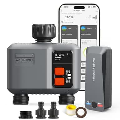 johgee Bewässerungscomputer WLAN 2 Ausgänge mit 300M RF-Technologie, 2er-Packu Bewässerungsuhr für Gartenbewässerung Kompatibel mit Alexa & Smart Life App, Automatischem Bewässerungssystem für Garten