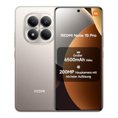 XIAOMI Redmi Note 15 Pro Smartphone (8+256 GB) – 6500-mAh-Akku, 200-MP-Kamera, IP65-Wasserschutz, 6,77" FHD+ AMOLED-Display, Titanium, 2 Jahre Garantie