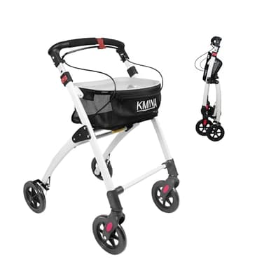 KMINA Rollator Schmal für Wohnung, Indoor Rollator Faltbar und Leicht mit Tablett, Mobilitätshilfe für Senioren aus Aluminium, Gehgestell mit Korb, Wendiger Wohnungsrollator - Modell PRO