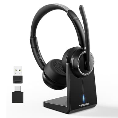 TECKNET V5.3 Bluetooth Headset mit Mikrofon, Wireless Headset mit AI Noise Cancelling Mikrofon, Ladestation, USB-Dongle, 55+ Std. Akku, Wiederaufladbar On-Ear Kopfhörer für Büro, Home, Callcenter