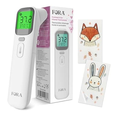 FORA Fieberthermometer Baby & Digital - Multi-Funktionsthermometer für Ohr und Stirn mit Farbcode-Fieberanzeige, Lautlosmodus, Speicherfunktion – Hygienisch & Kompakt für junge Mütter
