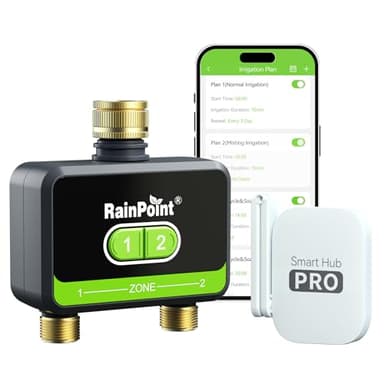 RAINPOINT Bewässerungscomputer WLAN 2 Ausgänge, Messing-Einlass und -Auslass, Automatische Garten Bewässerungsuhr mit App/Sprachsteuerung, WLAN Bewässerungssystem für Gewächshaus Garten