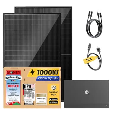 Solakon® 1000W Balkonkraftwerk mit Speicher - Balkonkraftwerk 1000W komplett Steckdose - 800W Integrierten Hybrid-Wechselrichter - Solakon ONE mit 2,11 kWh - 2x 500W bifaziale Solarmodule