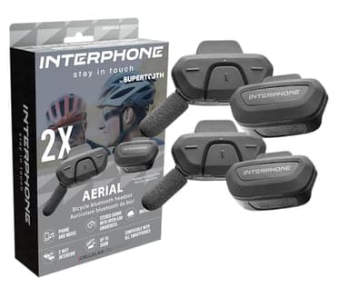 INTERPHONE Aerial Dual-Fahrrad-Gegensprechanlage für die Kommunikation zwischen 2 Fahrern bis zu 300 m, Gegensprechanlage für Fahrradhelm mit Bluetooth für GPS, Musik und Anrufe, wasserdicht und mit