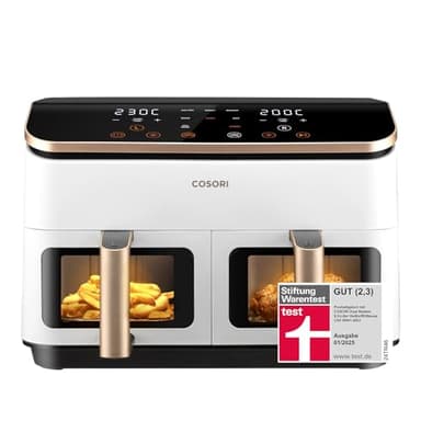 COSORI Heißluftfritteuse 2 Kammern, Testsieger der Stiftung Warentest, 8,5 L 6-in-1 Airfryer mit Sichtfenster, Schwarz-weiß