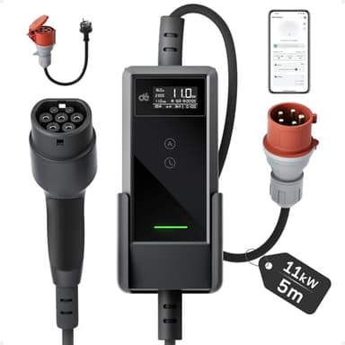 dé Mobile Wallbox 11kW mit APP 5,5m [0,7m+4,8m, 3-phasig, 6-16A] Ladekabel CEE 16A auf Typ 2 mit Einstellbarer Ladeleistung EV Charger Wallbox 11kw für Model Y/3 e-tron und BEV/PHEV