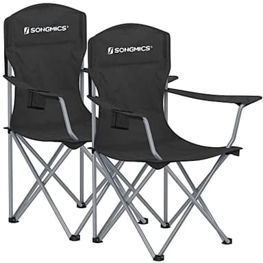 SONGMICS Campingstuhl 2er Set, Klappstuhl Outdoor, Angelstuhl, hohe Rückenlehne, Armlehnen, Getränkehalter, klappbar, bis 150 kg belastbar, Camping Garten Terrasse, schwarz GCB08BK