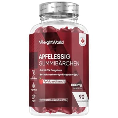Apfelessig Gummies 1000mg - Mit Vitamin C, B12, B6, B9 (Folsäure) & Rote Beete - 90 vegane Gummibärchen mit Apfelgeschmack - Apple Cider Vinegar Gummies von WeightWorld