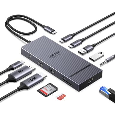 UGREEN Revodok Pro 2111 Docking Station 2 Monitore mit HDMI & DisplayPort 4K@120Hz, 400mm Kabellänge,10Gbps USB-C, USB-A, SD/TF, LAN, Audio, 100W PD - Kompatibel mit ThinkPad X1, HP Envy 17, XPS 15