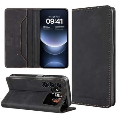 JNERBUYI Leder Handyhülle für Oukitel C68 Plus, Premium Flip Case, Business Hülle mit Starkem Magnet, Stoßfest Schutzhülle.Wallet Handy Cover. Schwarz