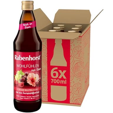 RABENHORST Wohlfühlen mit Eisen 6er Pack (6 x 700 ml) - Mehrfruchtsaft mit Hibiskusblüten-Essenz, Eisen, Vitamin C, B6 und B12 für die Blutbildung und den Energiestoffwechsel