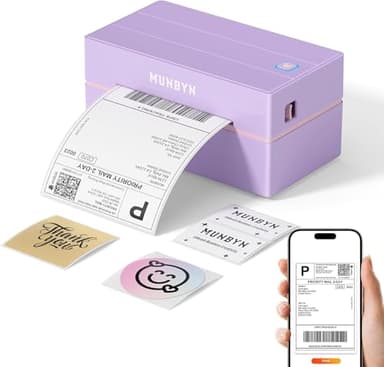 MUNBYN DHL Etikettendrucker Bluetooth, Label Printer 4x6 Versandetiketten Drucker, Thermodrucker Labeldrucker für Shopify Zalando Ebay Etsy Amazon DPD UPS, mit 25 Etiketten, ITPP130B Lila