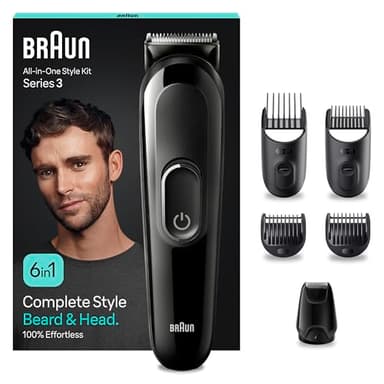 Braun All-In-One Trimmer-Set 3, 6-in-1 Multigroom, Barttrimmer, Haarschneidemaschine für Gesicht und Kopf, 50 Min. Akku, 14 Längen (3–21 mm), MGK3420, Schwarz