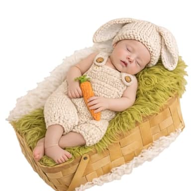 Matissa & Dad Baby Hasen Outfit für Neugeborene Fotoshooting – Oster Baby Outfit gestrickt mit Hasenohren Mütze & Karotten Prop – Neugeborenen Fotografie Kostüm Osterhase Baby Fotoshooting Outfit
