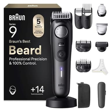 Braun Barttrimmer Series 9, Elektrischer Bartschneider Herren mit 14 Barber-Tools, Ultrascharfe ProBlade Klinge, 180 Min Akkulaufzeit, Kabelloser Bartrasierer, 52 Längen, Wasserdicht, BT9565, Titan