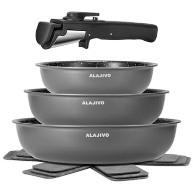 Pfannenset mit Abnehmbarer Griff, Pfanne Induktion, Bratpfanne mit Antihaft beschichtung, 7-Teiliges, 20+24+28 cm Platzsparend Pfannen, Pfannen Set für alle Herdarten, Spülmaschinen, Ofenfest (grau)
