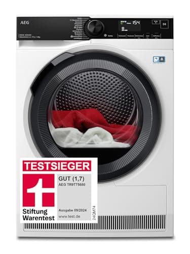 AEG Wärmepumpentrockner 8 kg, Serie 9000: AbsoluteCarePlus Daunentrocknung, Testsieger Stiftung Warentest, 3D-Scan Restfeuchteermittlung, Energiekl. C, Energiesparend, Trommelbeleuchtung, TR9T75680