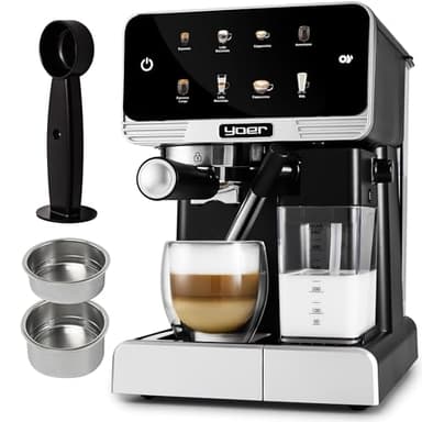Yoer Kaffeevollautomat mit Milchsystem, Kaffeemaschine, 8 automatische Programme, Touchscreen, 20 bar, 1350W, Milchaufschäumer, Espresso, Cappuccino & Latte, 2-Tassen-Funktion, Creamo EMF03BK, schwarz