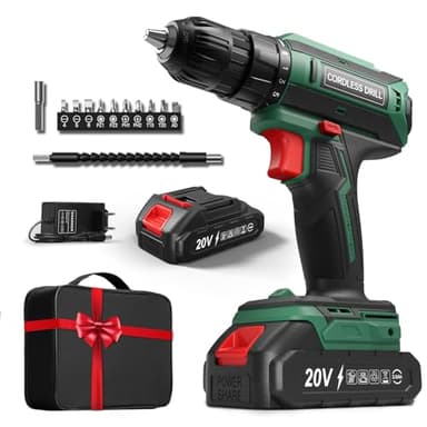 Akkuschrauber mit 2000mAh Akku, 20V Akku Bohrschrauber Set 42Nm Max, 2-Gang Akku-Bohrmaschine, Kompatibel mit Makita Akku, 25+1 Drehmomentstufen, 10mm Bohrfutter, LED-Licht, Für Reparatur und DIY Grün
