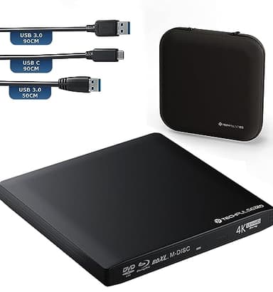 techPulse120 Externes UltraHD UHD 4k 3D M-DISC BDXL HDR10 100GB USB 3.0 & USB-C Laufwerk Bluray Brenner Burner Superdrive UltraSlim BD DVD CD Ultra Paket Tasche 90cm Anschlusskabel Aluminium Schwarz