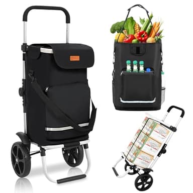 Sekey Einkaufstrolley faltbar 60L, 3-in-1 Einkaufswagen klappbar aus Aluminium, höhenverstellbarer Griff, mit Kühlfach und Getränkefach, extra groß für Einkauf & Camping, Schwarz