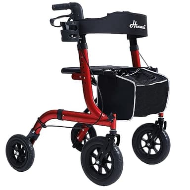 Rollator Faltbar mit Sitzpolster, Einkaufstasche & Stockhalter – Höhenverstellbar, Leicht & Schmal für Senioren – Gehwagen mit Bremse, 10"/8" All-Terrain Räder, Aluminium, Schwarz(Rot)