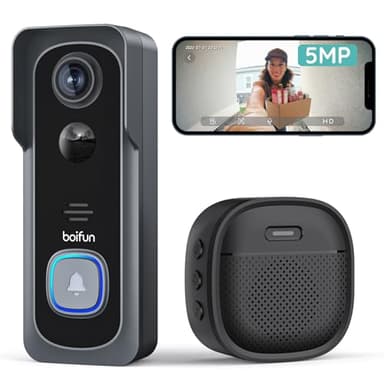 BOIFUN 2K 5MP WLAN Video Türklingel mit Kamera,Alexa-kompatibel, Nachtsicht, PIR Bewegungserkennung, 2-Wege-Audio, Unterstützt SD & Cloud-Speicher, mit Chime, 2.4Ghz WLAN