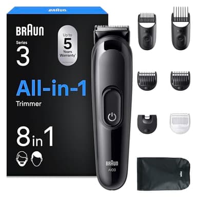 Braun All-in-One Series 3, 8-in-1 Multigroom, Barttrimmer, Haarschneider, Haarschneidemaschine für Gesicht und Kopf, 50 Min Akku, 14 Längen (3–21 mm), AIO3545, Schwarz