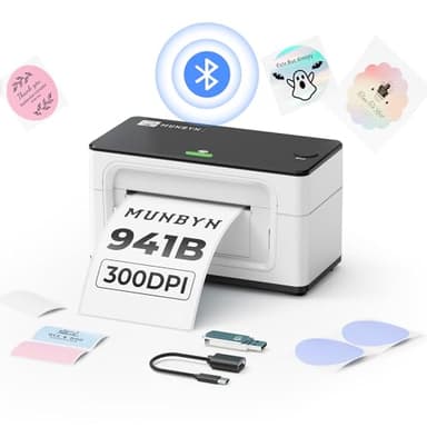 MUNBYN Etikettendrucker DHL 300DPI Bluetooth, Labeldrucker 4XL Etikettendrucker Label Printer Thermo-Versandetikettendrucker Desktop für Etsy Shopify Ebay DPD DHL UPS, 941BP, Weiß