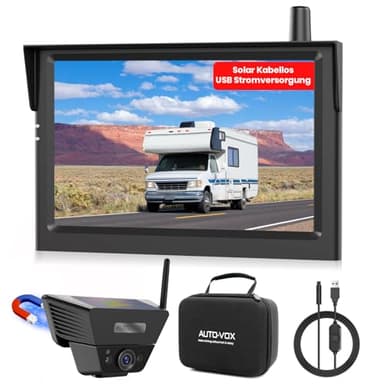 AUTO-VOX Rückfahrkamera Kabellos Solar Magnetische Rückfahrkamera Funk: 1-Minuteneinrichtung, 5" 1080P Monitor, 115m Reichweite für Wohnwagen, LKW, Auto, Wohnmobil, Anhänger