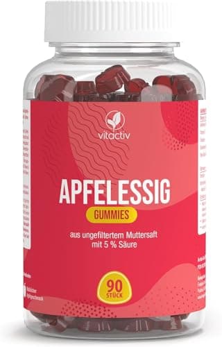 Vitactiv Apfelessig Gummies Hochdosiert (1000mg) – 90 vegane Apfelessig Gummibärchen mit Essigmutter, B12 & Folsäure – Ohne Zuckerzusatz – Für Stoffwechsel, Verdauung & Wohlbefinden